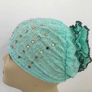Hair bonnet / turban with rhinestones. Sweet mint.